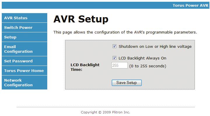 AVR Software - Menu Selections (continued) AVR Setup This screen allows the user to configure two AVR parameters. 1.