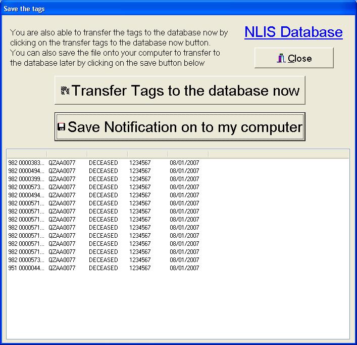 Step 7) Creating the file to send to the database is done by entering the desired transfer details on the right hand side of the screen. Once this is done, click on the Save & Notify Database button.