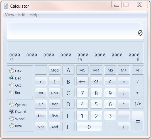 decimal/binary/octal/hexadecimal Calculator -> View ->