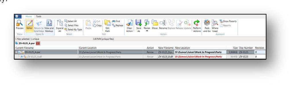 When you perform a Revise, the revise dialog opens and, because of our file naming rules, our file revision automatically moves to Revision B (or 2 if you use a numeric revision number) and the