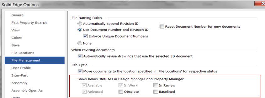 You can choose additional status choices to be shown in Design Manager and Property Manager. In Solid Edge options, you can add In Review, Obsolete and Baselined.