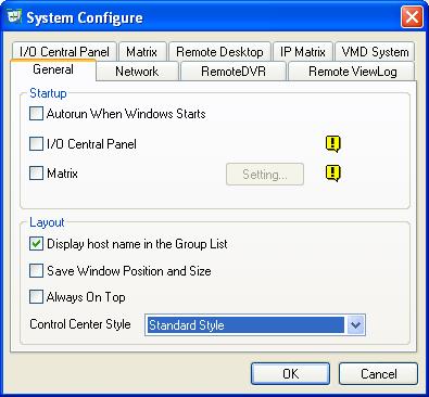 5B4.5 System Configuration You can configure the startup mode and screen position for the Control Center services. Click the Configure button (No.