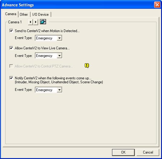 Advanced Settings [Camera] The settings define which camera condition to notify Center V2. To configure the event type, first disable the Monitoring all type events option in Figure 1-16.