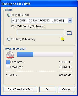 1 Center V2 Figure 1-28 Using CD/DVD: Click to back up files to the CD or DVD using the third-party software. Click the [ ] button to assign the desired burning software (.exe file).