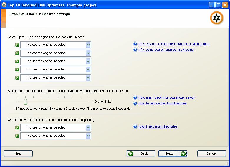 The Top 10 Inbound Link Optimizer 85 Step 5: This window allows you to choose additional settings.