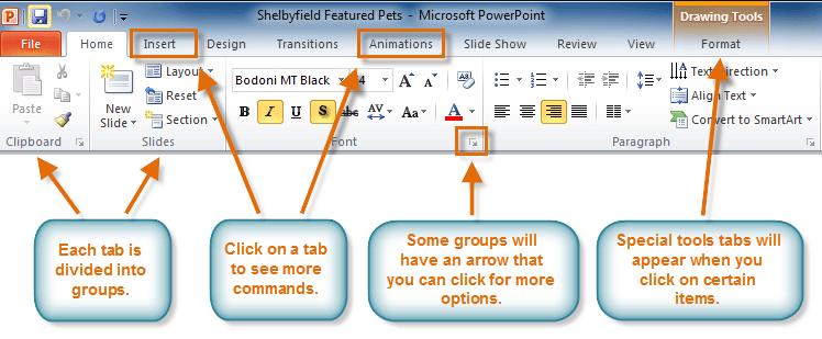 The Ribbon Test Microsoft PowerPoint Each tab is divided into groups