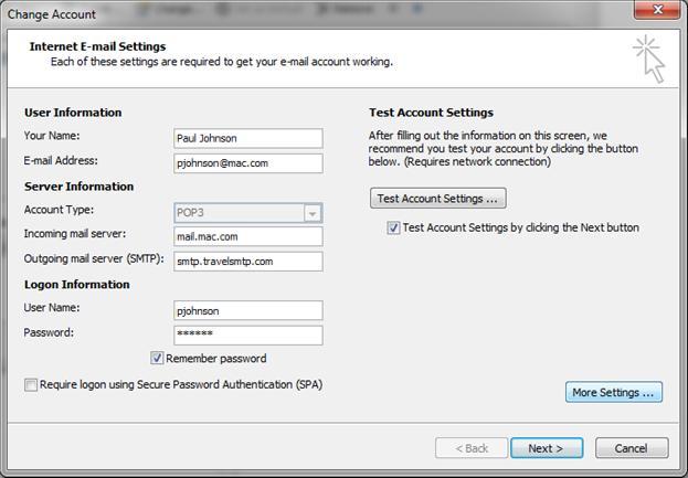 Instructions Microsoft Outlook 2010 Page 4 Step 3: In the window "Change Account", change the