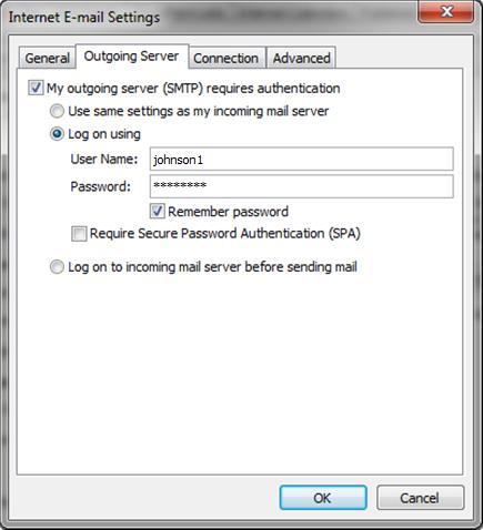 Instructions Microsoft Outlook 2010 Page 5 Step 4: Go to the tab Outgoing Server and check the option My outgoing server (SMTP) requires