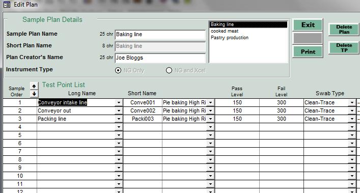 11. The following edit template will appear. Changes to the test point name, department names, pass and fail levels and swab type can be made where required. a. To delete a test point, place the curser in the Test Point name box and click on Delete TP.