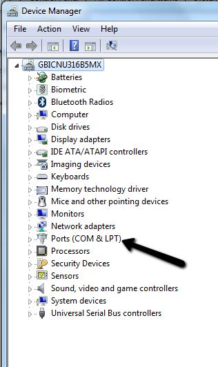 6. Select Ports (COM & LPT). 7. Click on the + / plus sign. The comm port with the Clean-Trace NG luminometer connected should be listed.