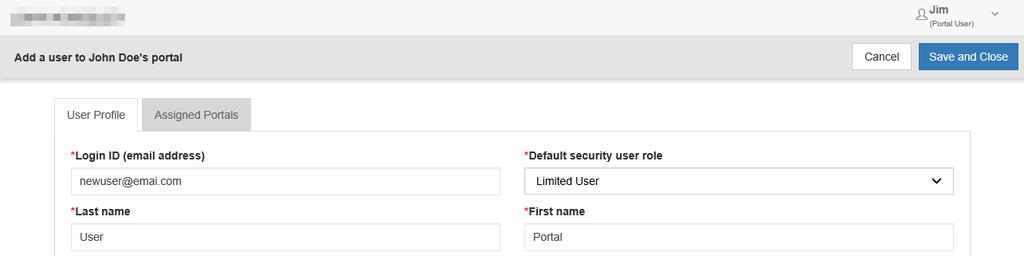 Figure 12 On the User Profile tab, enter the Login ID (email address), last and first name of the