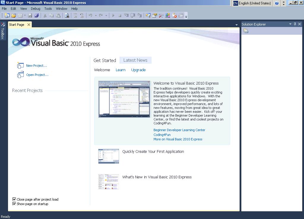 VISUAL BASIC IDE When you first start Visual Studio, you will see the following Start Page which contains a list of links to resources,