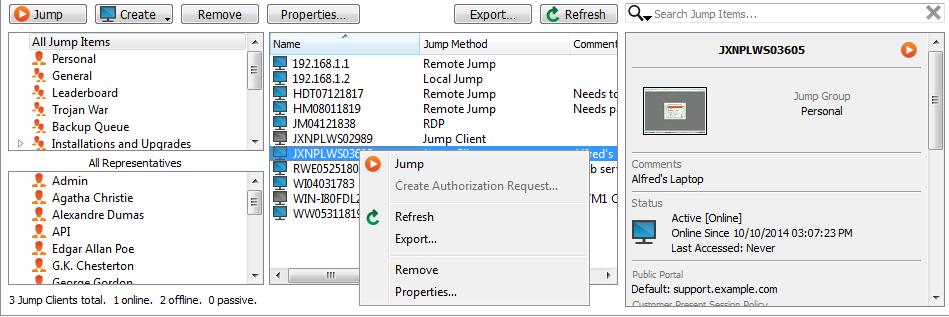 Jump Interface: Use Jump Items to Access Remote Systems The Jump interface appears in the bottom half of the access console. Click Refresh to see the Jump Items available to you.