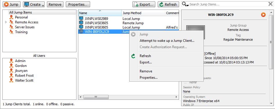 Use a Jump Client To use a Jump Client to start a session, simply select the Jump Client from the Jump interface and click the Jump button.