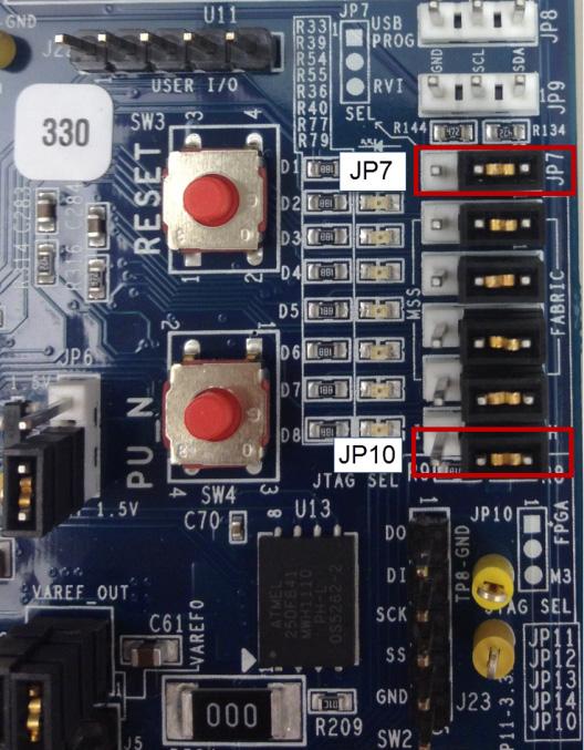 Introduction 2. On the blue SmartFusion EVAL board, there are two jumpers on the right side of the board.