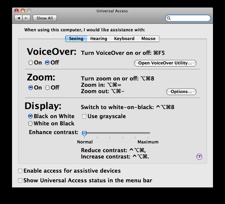 When the Universal Access window opens, make sure that Show Universal Access status in the menu bar is enabled. The Universal Access window opens to the Vision options screen.