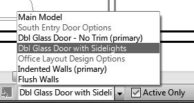 Building Information Modeling and Revit Basics 35. Activate the Design Options tab. Set Dbl Glass Door with Sidelights on South Entry Door Options. Press OK. 36.
