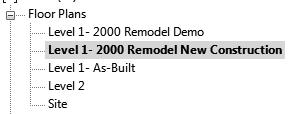 Building Information Modeling and Revit Basics 41. In the Properties dialog: Set the Phase Filter to Show All. Set the Phase to As-Built. 42. Activate the Level 1-2000 Remodel New Construction view.