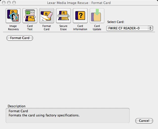 FORMAT CARD If you experience a card error message on your camera, reformatting the card with Image Rescue can usually fix it.