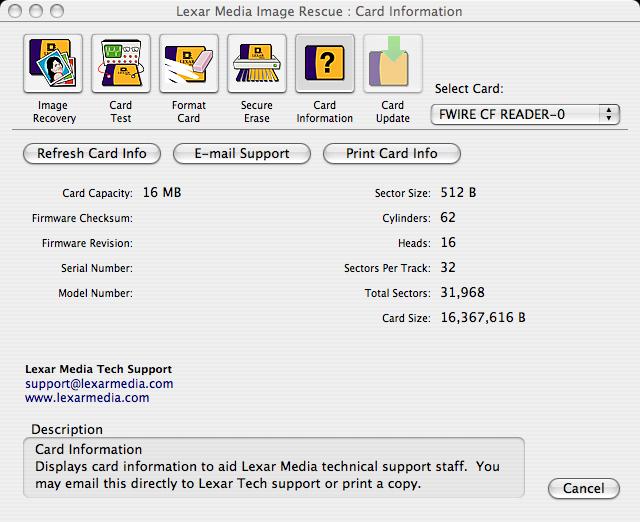 CARD INFORMATION To view the specifications of your card: * Click on the CARD INFORMATION icon * Use REFRESH CARD INFO if you are switching between Memory cards * To send a question directly to Lexar