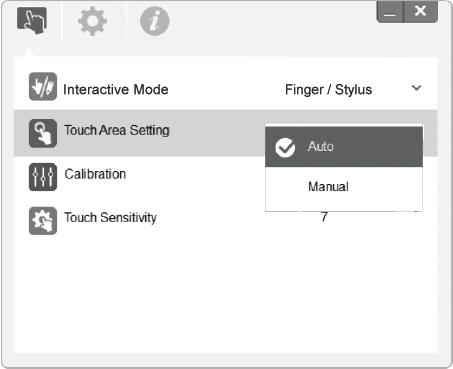 1 Launch touch software settings 2 Touch Area settings Once the driver has been installed, use the PC keyboard and mouse to click on the touch icon to