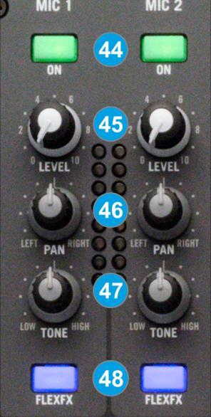 E. Microphone & Video Controls The Rane Sixty-Four offers 2 independent Microphone Input Channels (connections at the rear panel) with Level, Pan and tone controls and the ability to apply Hardware