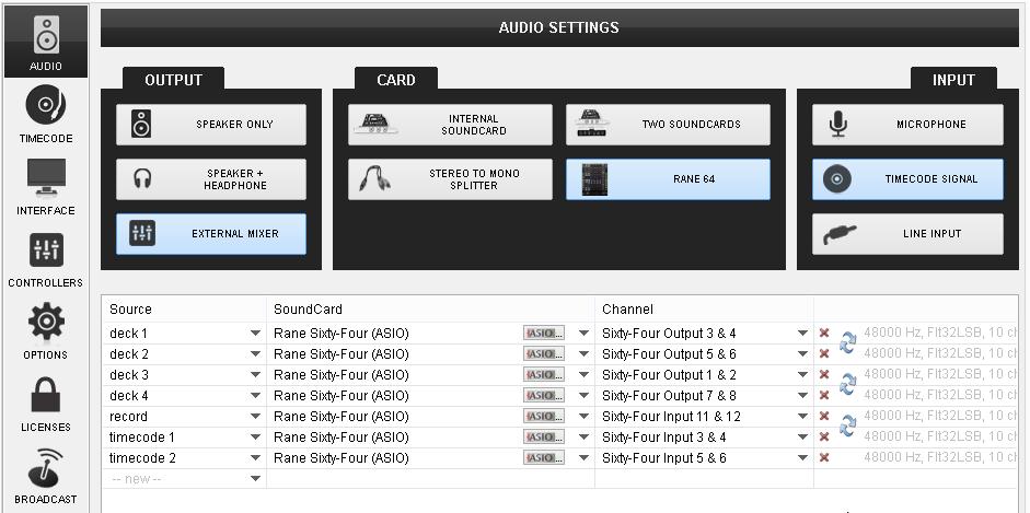 Audio Setup with 2 Timecode Inputs You will then need to assign the following script actions to 2 custom buttons or modify the DECK 1/3 and DECK 2/4 buttons of the Rane Sixty-Four: Key DECK_RIGHT :