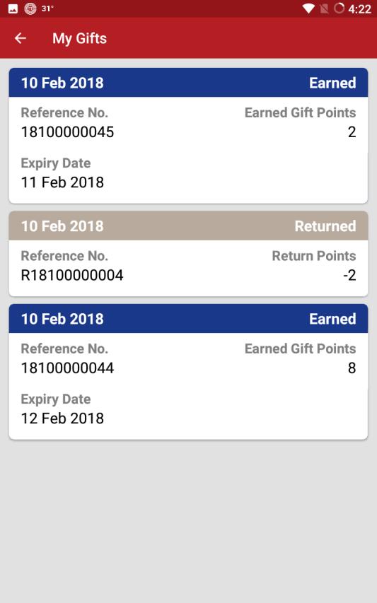 A sample screen-shot of a mobile phone showing the various transactions from which your Loyalty Points were earned.