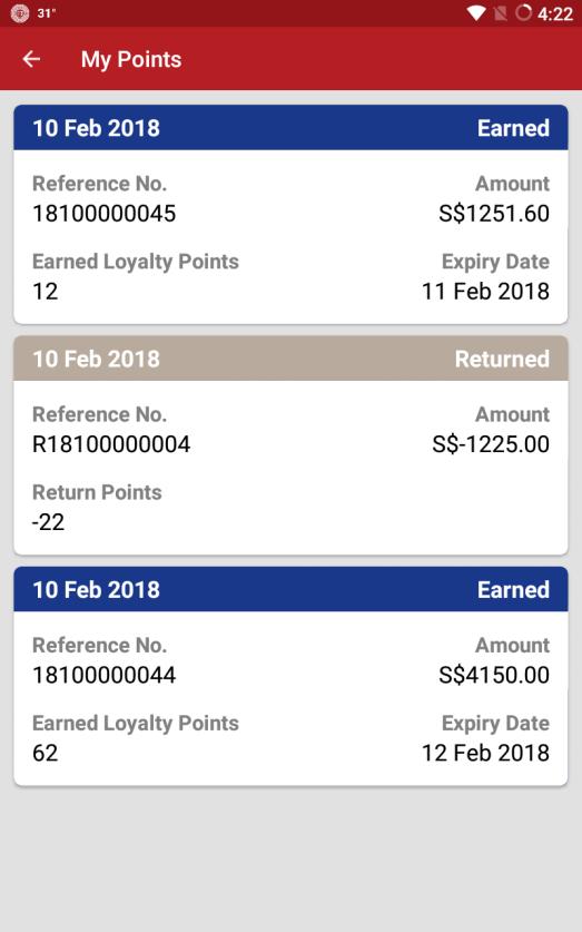 Refer to the same example, you have 22 Loyalty points deducted due to a Credit Note R18100000004 issued on the same day as above for Goods returned.