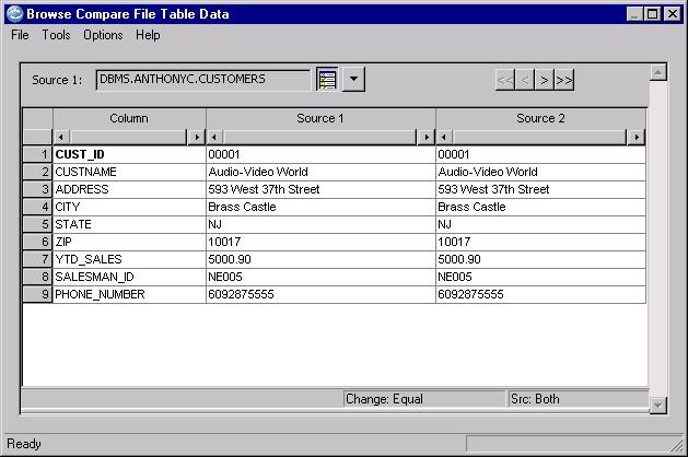 Note: You can select Personal Options to emphasize differences in Source 1 and Source 2 data. Table Name Name of the Source 1 table displays to the left of the toolbar.