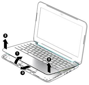 NOTE: When you lift the top cover, the keyboard cable and the touchpad cable are connected to the system board. Be sure not to pull the cables loose when lifting the top cover. 8.