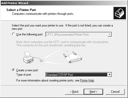 Select the Create a new port radio button, and then select Standard TCP/IP Port from the
