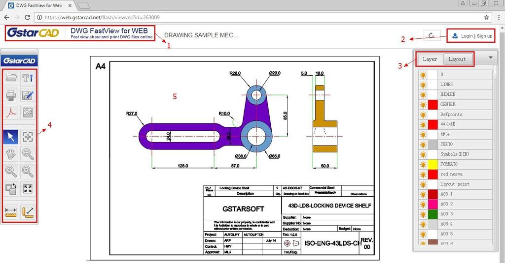 2.Operation interface and functions 2.1 Operation interface After you open a sample or local drawing, DWG FastView for Web interface will be shown as follows: 1) Title: DWG FastView for Web.