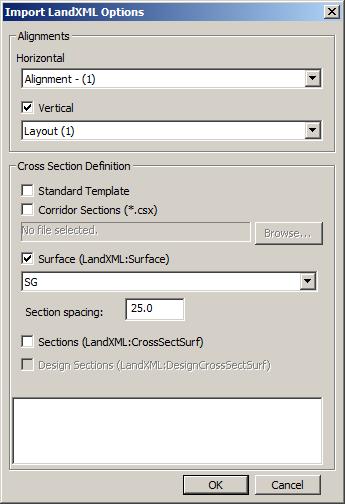 Figure 16: Initial Horizontal Alignment dialog 10. Select Surface (LandXML:Surface), choose SG surface and set the Section Spacing to 25 as shown in Figure 16 above. 11.