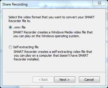 a Windows Media video player to share a recording with viewers who don t have SMART Notebook software. Convert SMART Recorder Video File In the SMART Recorder window, select Menu.