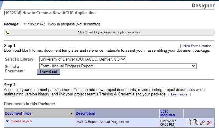 Next, Select a Document: choose Form Annual Progress Report from the drop-down options to begin building your package. Open or save Annual Progress Report form to your computer hard drive.