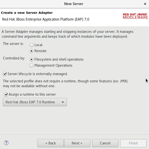 CHAPTER 4. DEPLOYING YOUR APPLICATIONS c. Click the Server lifecycle is externally managed. check box to de