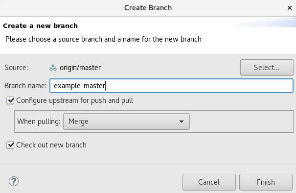 Red Hat Developer Studio 12.0 Getting Started with Developer Studio Tools 2. Add the required details about the new branch: a. In the Branch name field, add the desired new branch name. b. Ensure that the Configure upstream for push and pull checkbox is selected.