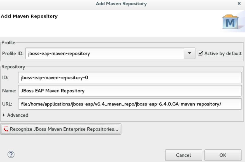 CHAPTER 3. DEVELOPING FIRST APPLICATIONS WITH DEVELOPER STUDIO TOOLS Figure 3.3. Details of the Selected Maven Repository 8. Click Add Repository. 9.
