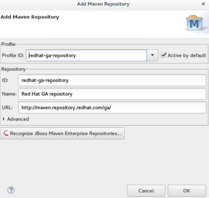 Red Hat Developer Studio 12.0 Getting Started with Developer Studio Tools 5. In the Profile ID drop-down list, select redhat-ga-repository. Figure 3.4. Add a Maven Repository 6. Click OK. 7.