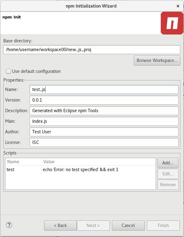 Red Hat Developer Studio 12.0 Getting Started with Developer Studio Tools Figure 3.5. Generate a New package.json File f.