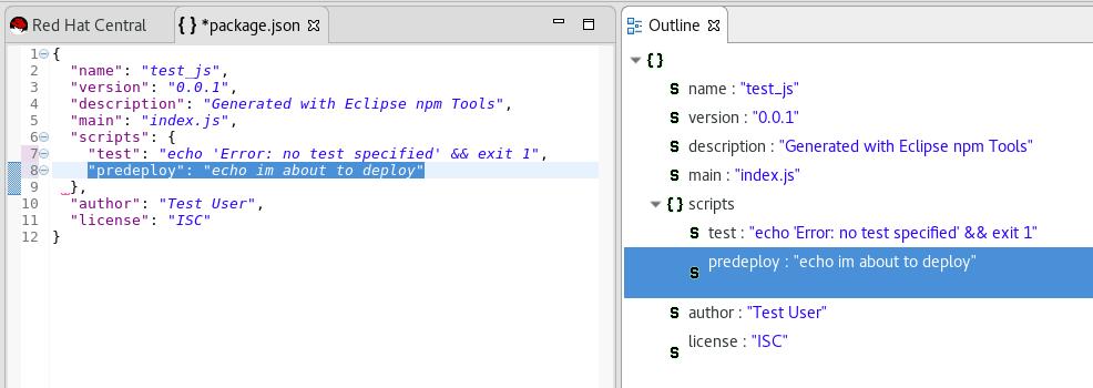 CHAPTER 3. DEVELOPING FIRST APPLICATIONS WITH DEVELOPER STUDIO TOOLS Figure 3.6. Manually Edit the Generated package.json File 3. Manually edit the package.json file to add dependencies.