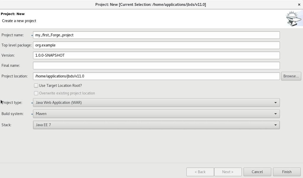Red Hat Developer Studio 12.0 Getting Started with Developer Studio Tools a. In the Project name field, type a project name. b. In the Top level package field, type {com.example} as the top package.
