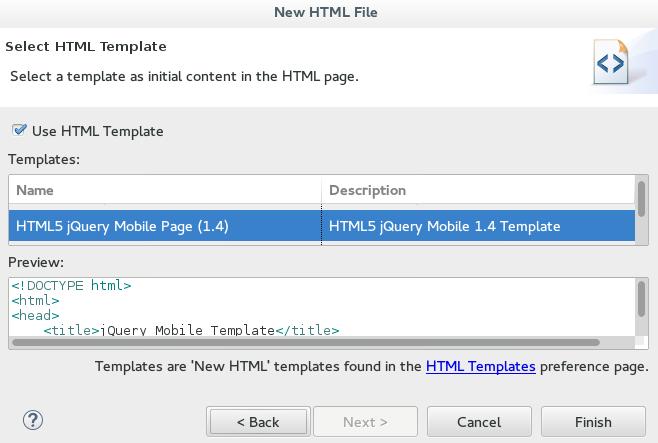 Red Hat Developer Studio 12.0 Getting Started with Developer Studio Tools Figure 3.22. Selecting the HTML5 jquery Mobile Page (1.