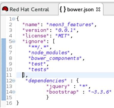 Red Hat Developer Studio 12.0 Getting Started with Developer Studio Tools Figure 3.32. bower.json File Edited 7. Right-click bower.