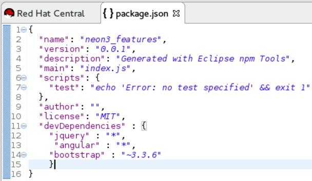 Red Hat Developer Studio 12.0 Getting Started with Developer Studio Tools 4. Save the file. The contents of the package.json file are as displayed in the following image. Figure 3.34. package.json File as Edited 3.