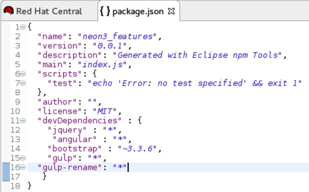 CHAPTER 3. DEVELOPING FIRST APPLICATIONS WITH DEVELOPER STUDIO TOOLS Figure 3.35. package.json File with Gulp Enabled 5. In the package.json file, click Run As > npm Install.