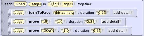 Each in_ together(cont 1) Choose atiger in the drop down menu on the left, drag turn to face to the each in together block, and then select this.camera.