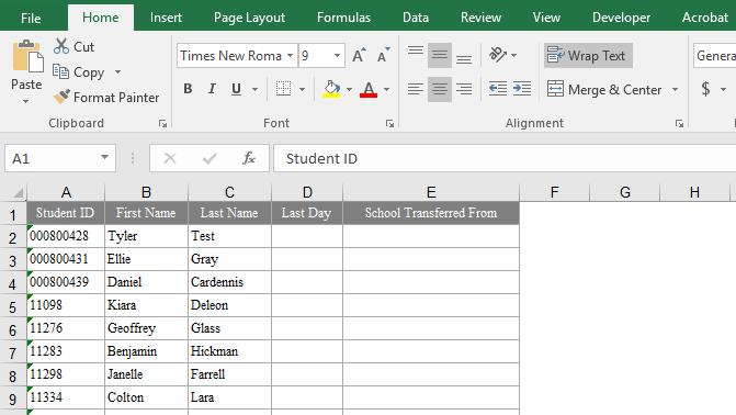3. Click the Export to XLS button and open the Excel file. The columns for Last Day and School Transferred From are included on the file because the Include Transferred Students checkbox was selected.
