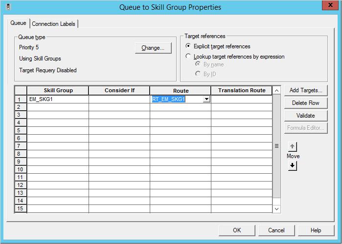 7. In the Queue to Skill Group Properties window, on the Queue tab, in the Skill Group column, select a skill group. Select a skill group 8.